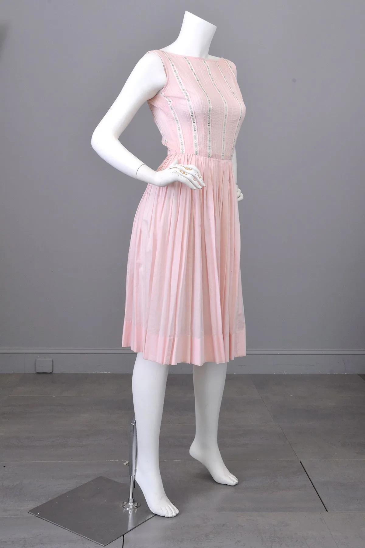 1950s 60s Pale Pink Ribbon Trim Summer Dress | XXS