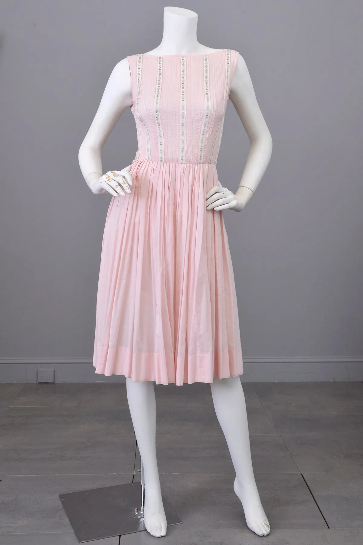 1950s 60s Pale Pink Ribbon Trim Summer Dress | XXS