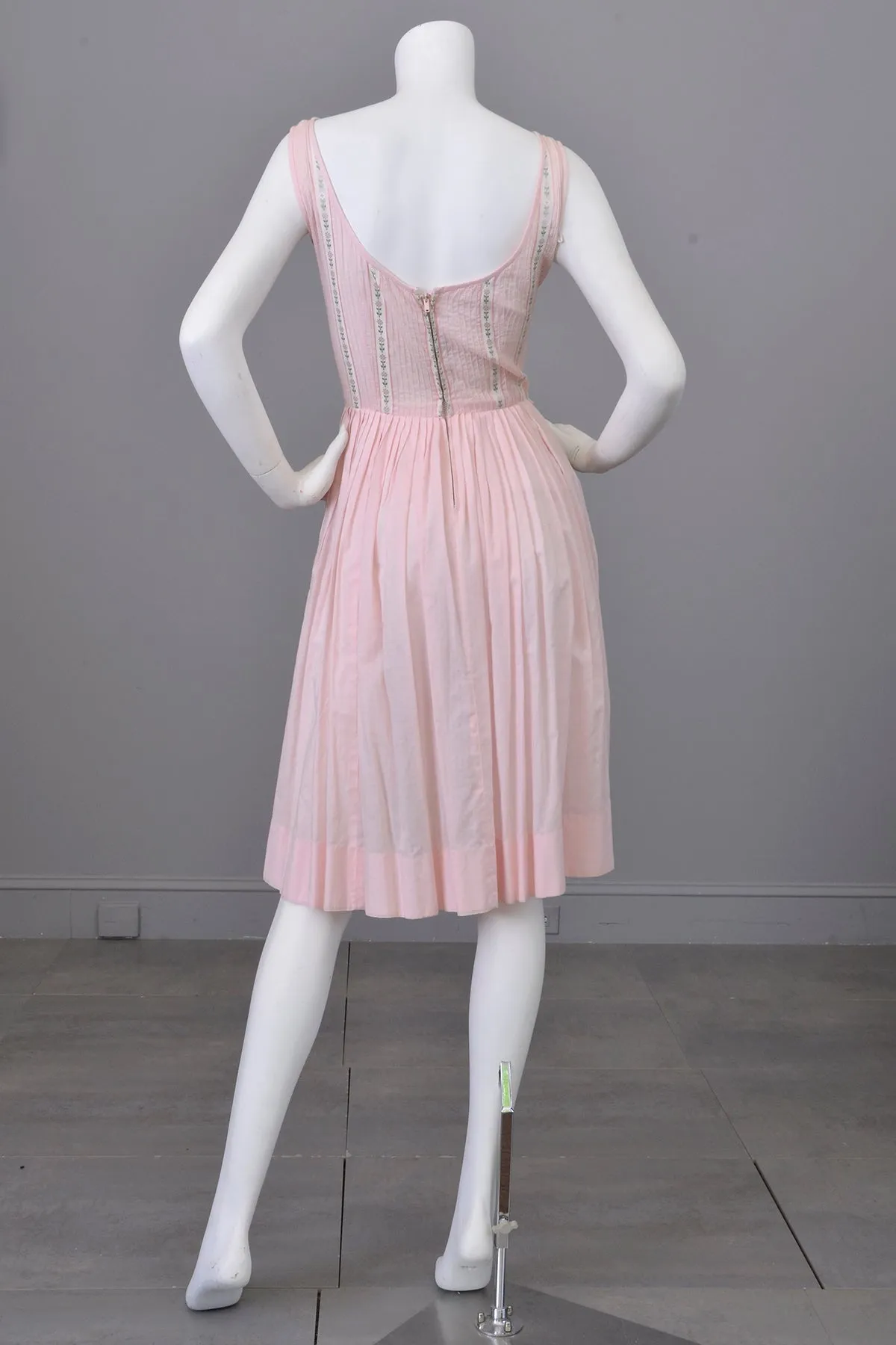 1950s 60s Pale Pink Ribbon Trim Summer Dress | XXS