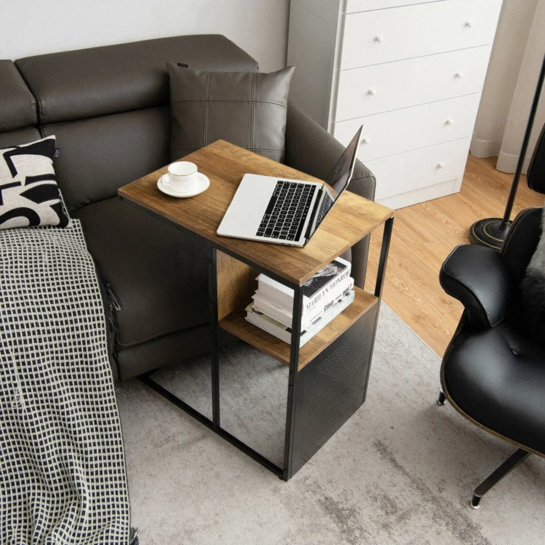 2-Tier C-Shaped Reversible End Table with Wooden Shelf for Living Room