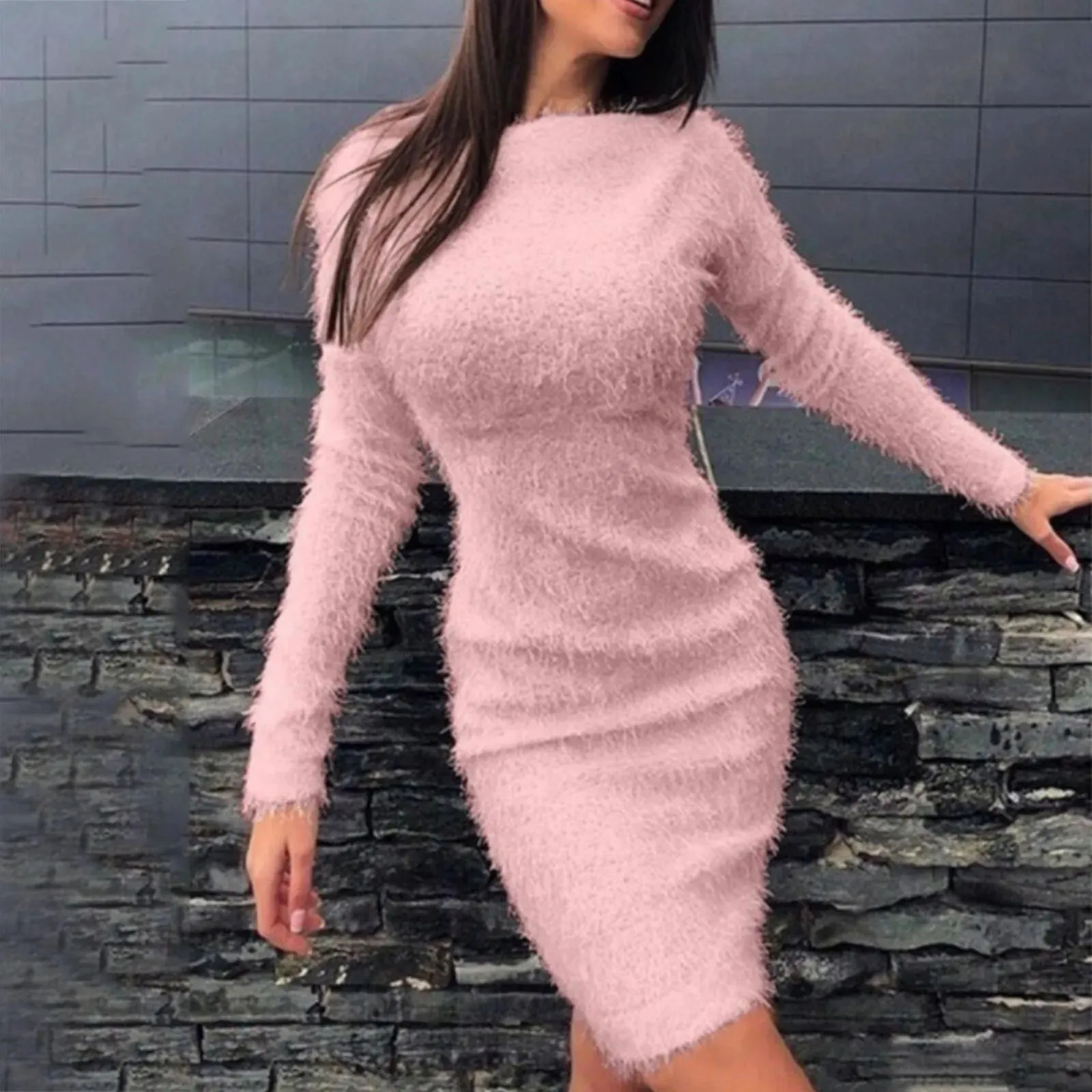 2024 Long Sleeves O-Neck Mini Chic Slim Plush Knit Bodycon Dress