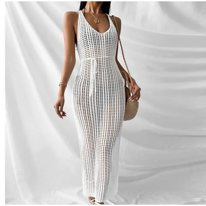 2024 New Sexy Hollow Fishnet Mesh Maxi Knit Party Club See Through Bodycon Dress