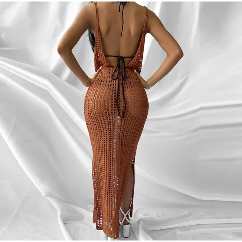 2024 New Sexy Hollow Fishnet Mesh Maxi Knit Party Club See Through Bodycon Dress