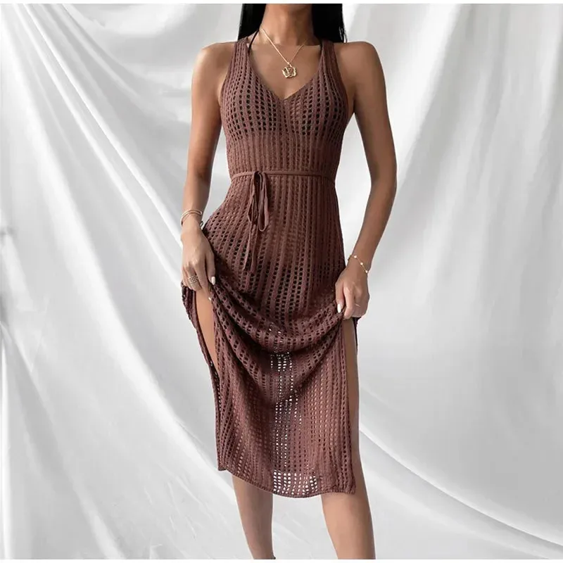 2024 New Sexy Hollow Fishnet Mesh Maxi Knit Party Club See Through Bodycon Dress