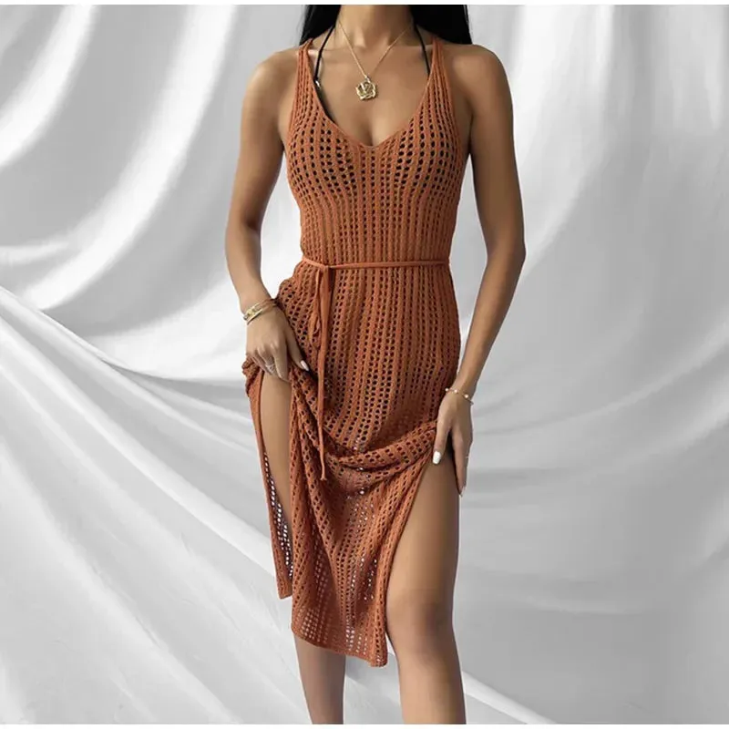 2024 New Sexy Hollow Fishnet Mesh Maxi Knit Party Club See Through Bodycon Dress