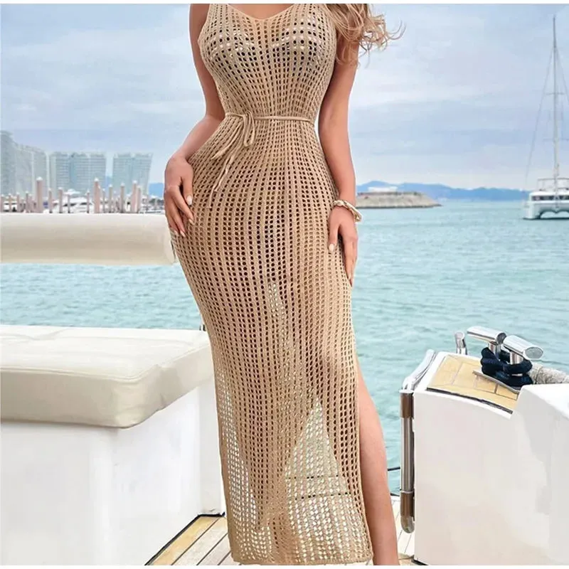 2024 New Sexy Hollow Fishnet Mesh Maxi Knit Party Club See Through Bodycon Dress