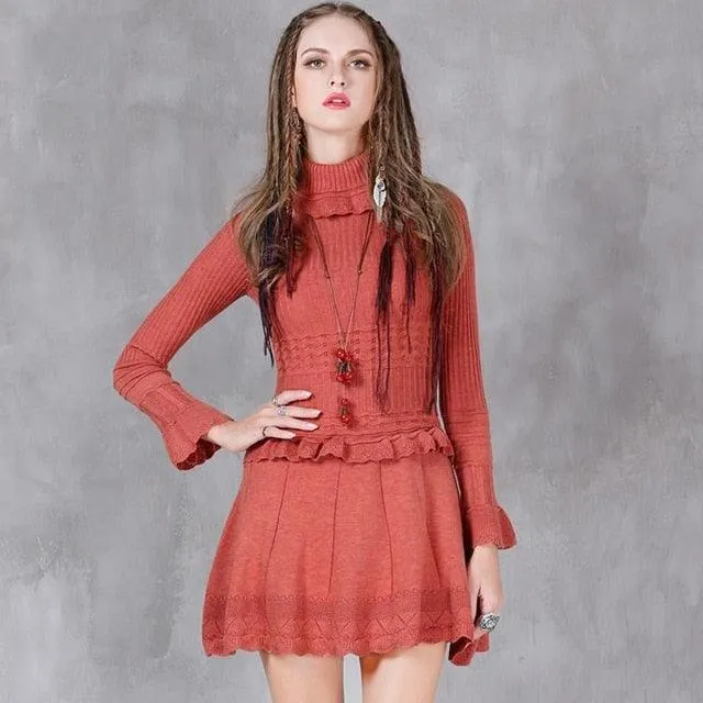 A-line Turtleneck Ruffles Hem Combo Knitting Dresses