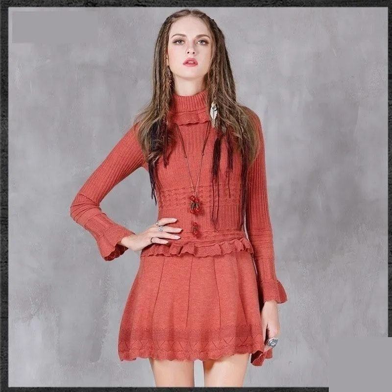 A-line Turtleneck Ruffles Hem Combo Knitting Dresses