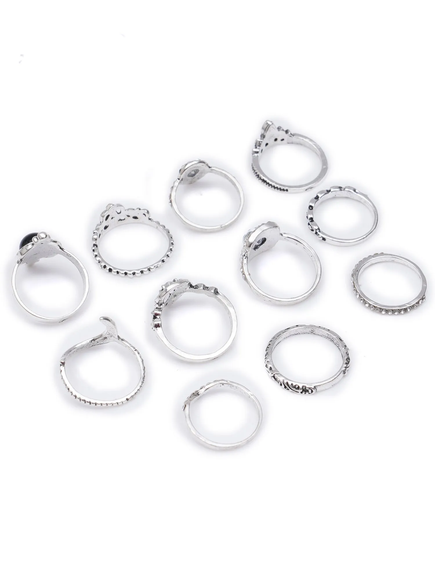 Antique Set of 11 Oxidised Silver Colour Bohemian Midi Rings for Women