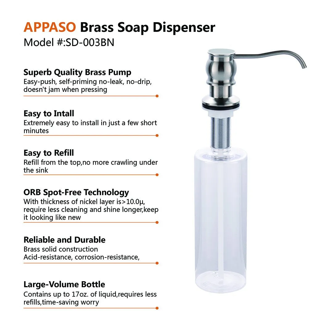 APPASO Solid Brass Built in Sink Soap Dispenser 17 Ounce Brushed Nickel SD003BN