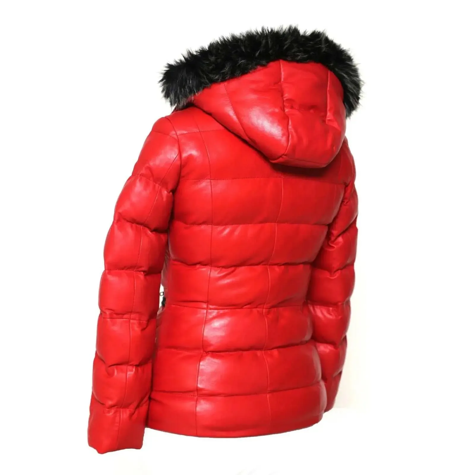 Arctic Red Premium Leather Puffer Coat with Removable Fur Hood for Women