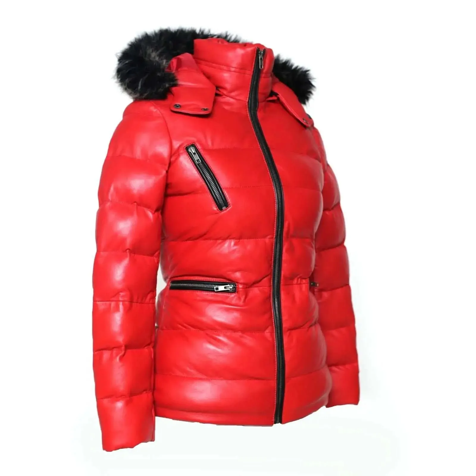 Arctic Red Premium Leather Puffer Coat with Removable Fur Hood for Women