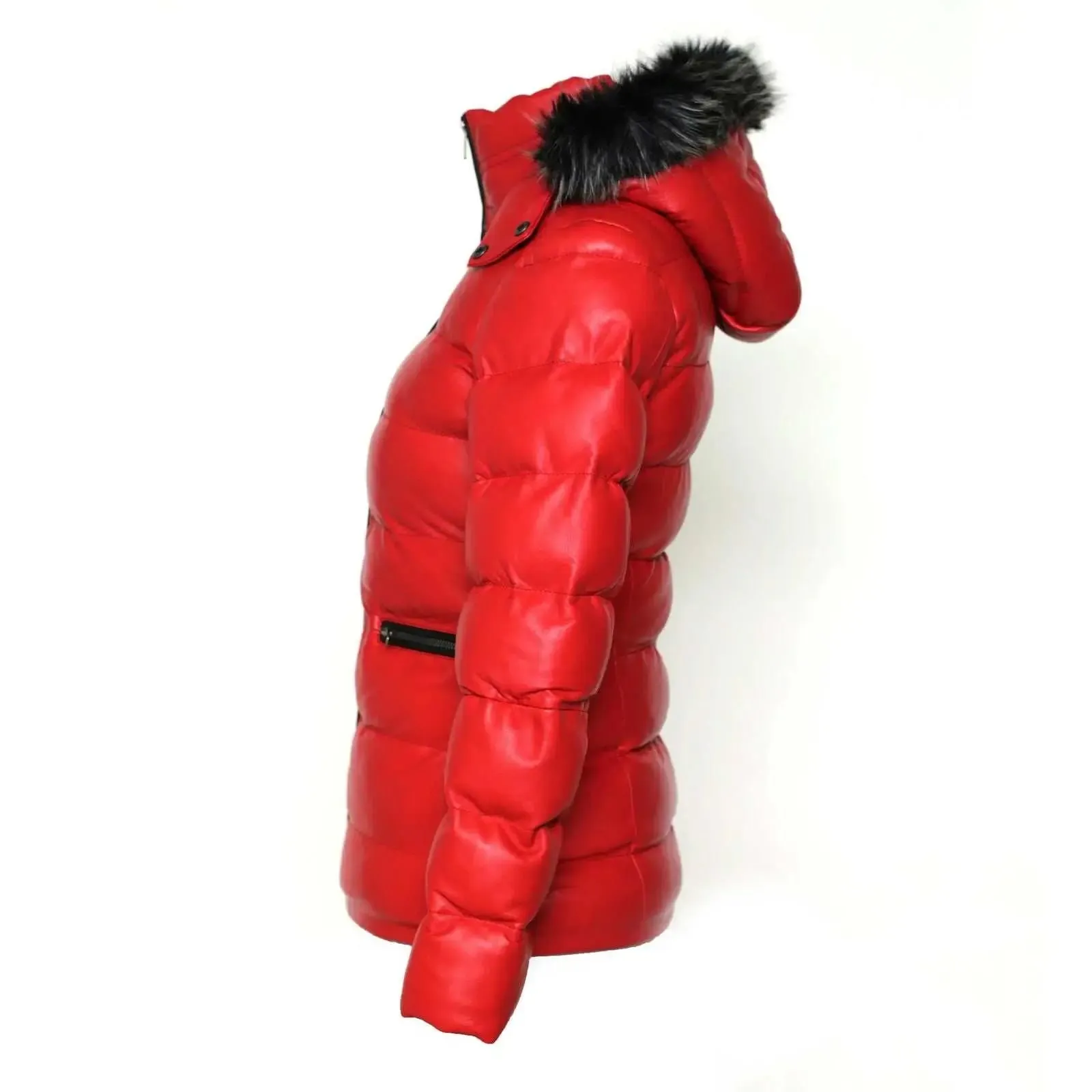 Arctic Red Premium Leather Puffer Coat with Removable Fur Hood for Women