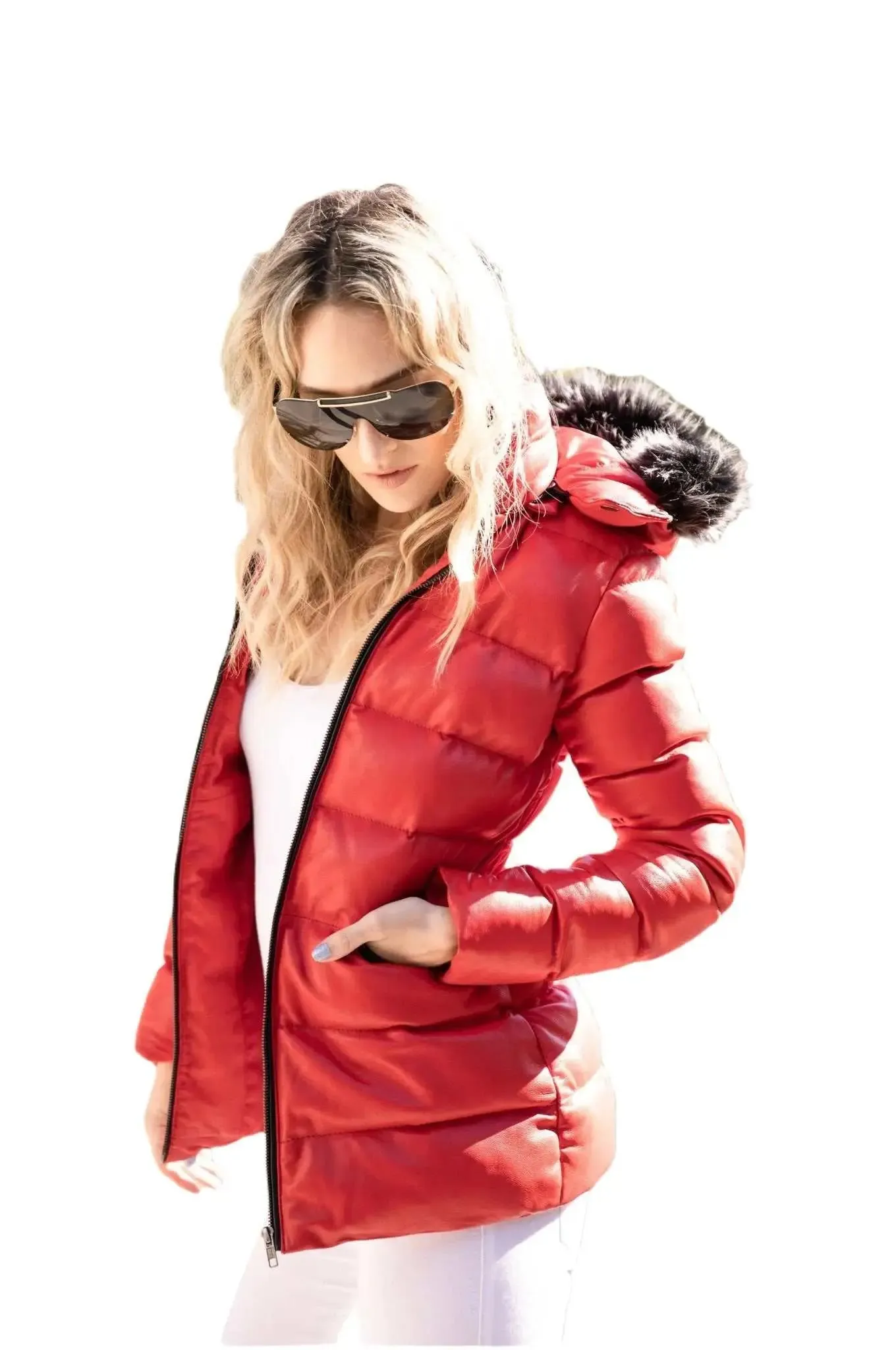 Arctic Red Premium Leather Puffer Coat with Removable Fur Hood for Women