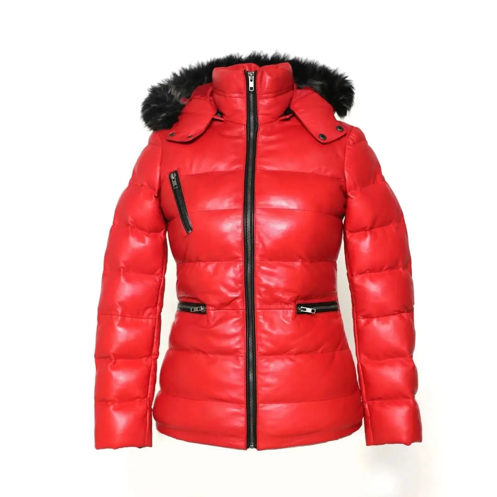 Arctic Red Premium Leather Puffer Coat with Removable Fur Hood for Women