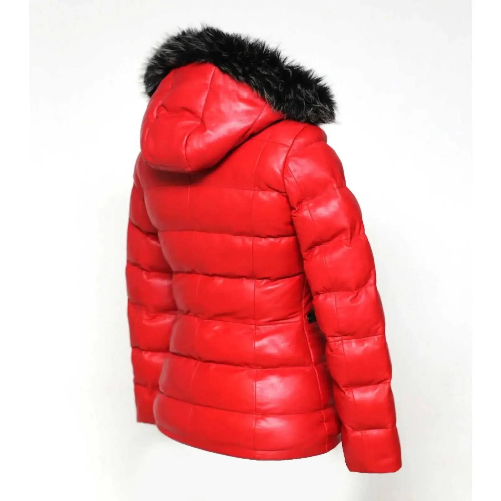 Arctic Red Premium Leather Puffer Coat with Removable Fur Hood for Women