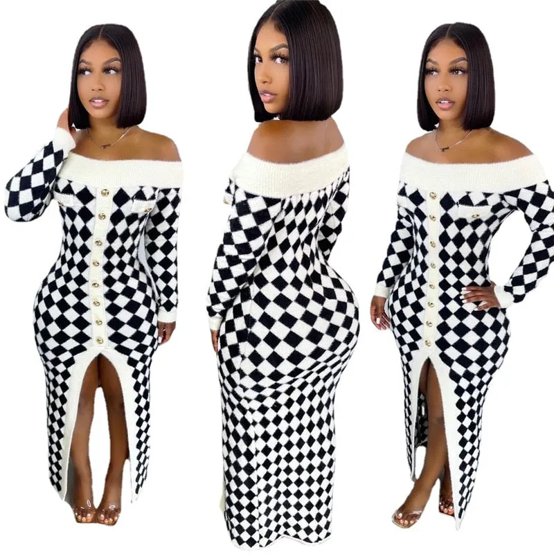 Autumn Winter New Women Long Sleeve Knit Dress Fashion Slash Neck Maxi Dress Female Elegant Plaid Knitted Bottom Clothes