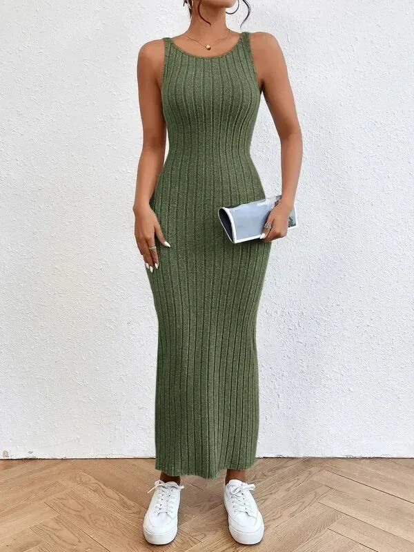 Backless Casual Bodycon 2024 Beach Knit O Sleeveless Long Neck Tank Elegant Dress