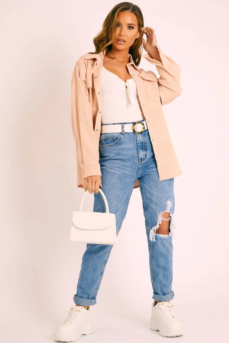 Beige Oversized Utility Pocket Corduroy Shirt - Aaliah