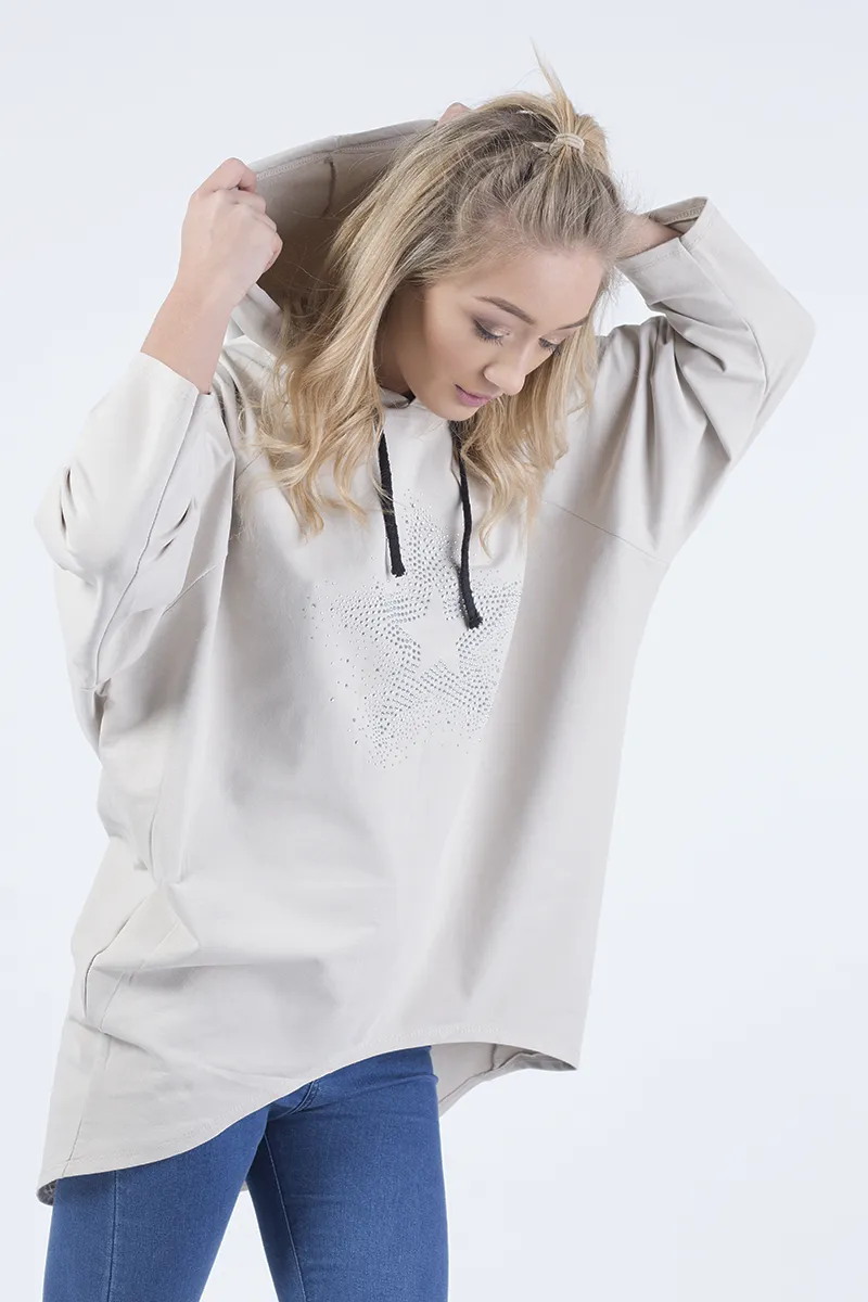 Beige Star Diamante Oversized Hoodie - Sarah