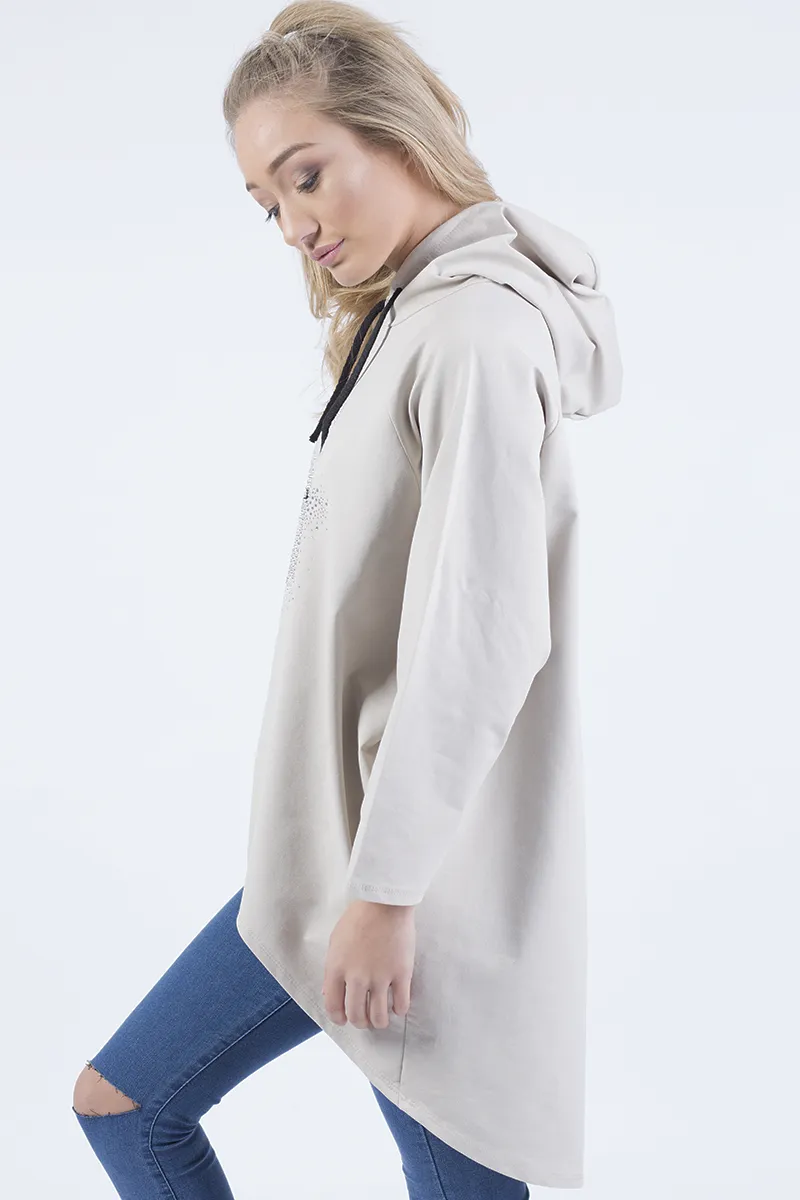 Beige Star Diamante Oversized Hoodie - Sarah