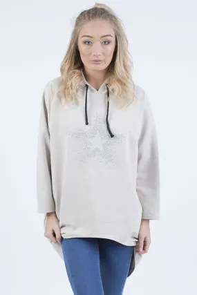 Beige Star Diamante Oversized Hoodie - Sarah