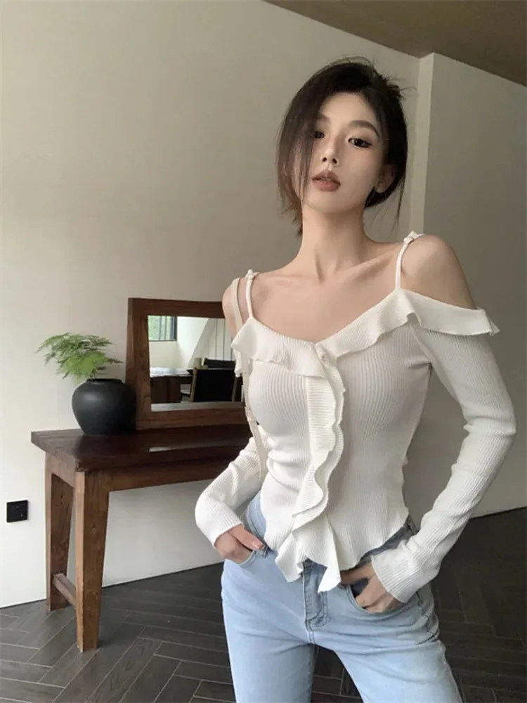 Benuynffy White Ruffle Trim Knit Slim Crop Top Blouse