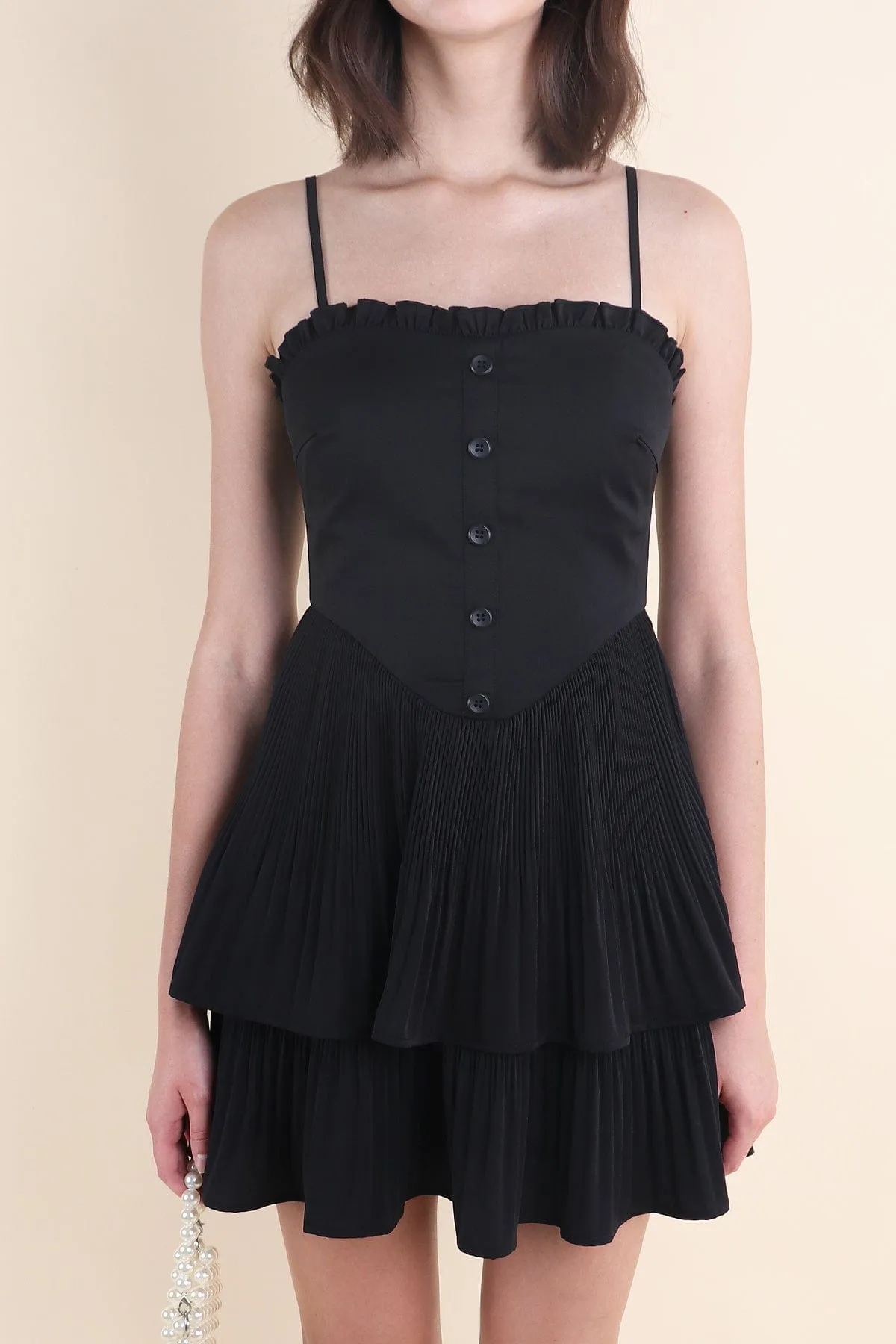 BEVELYN PLEATED MINI DRESS IN BLACK