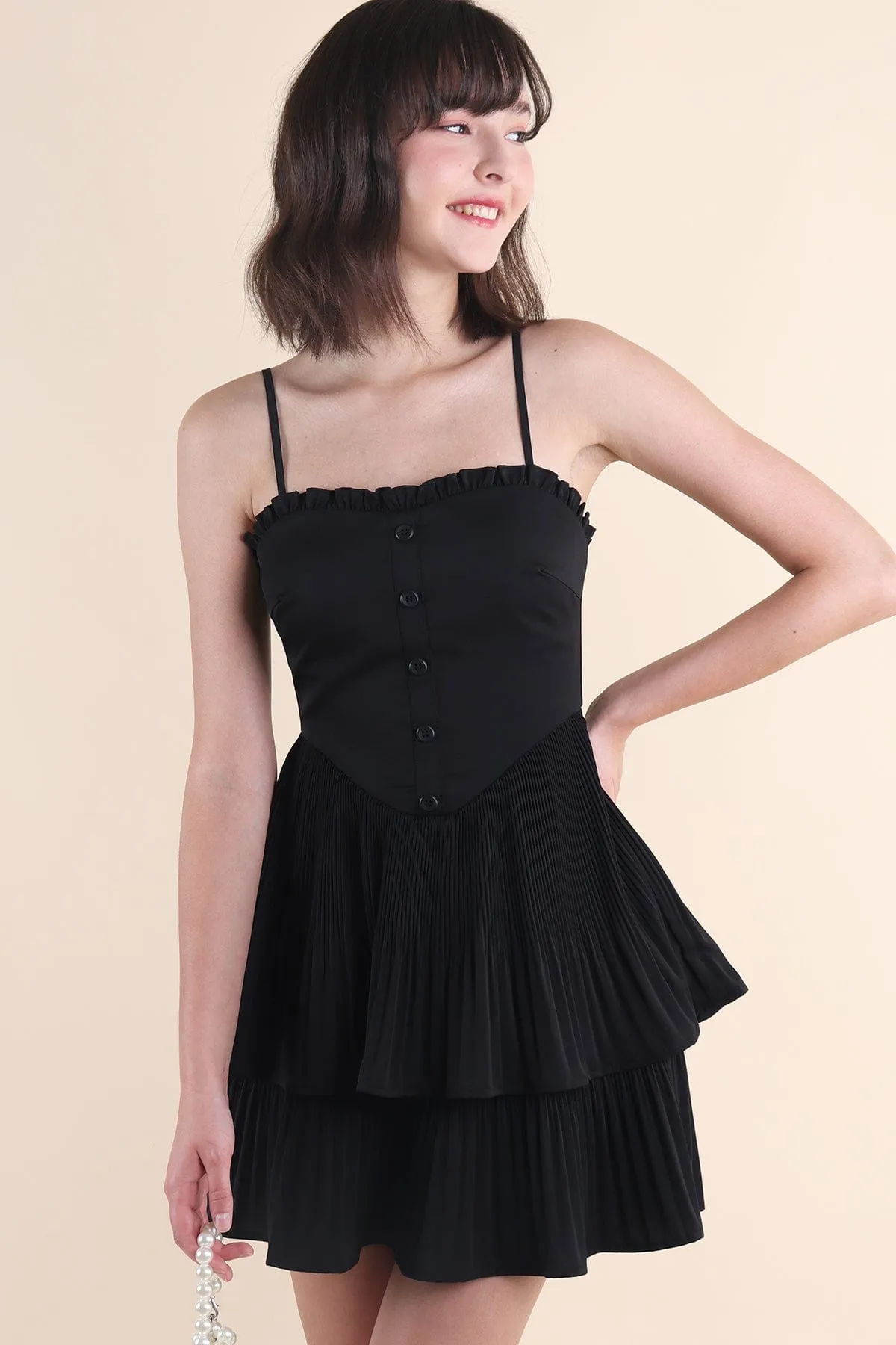 BEVELYN PLEATED MINI DRESS IN BLACK