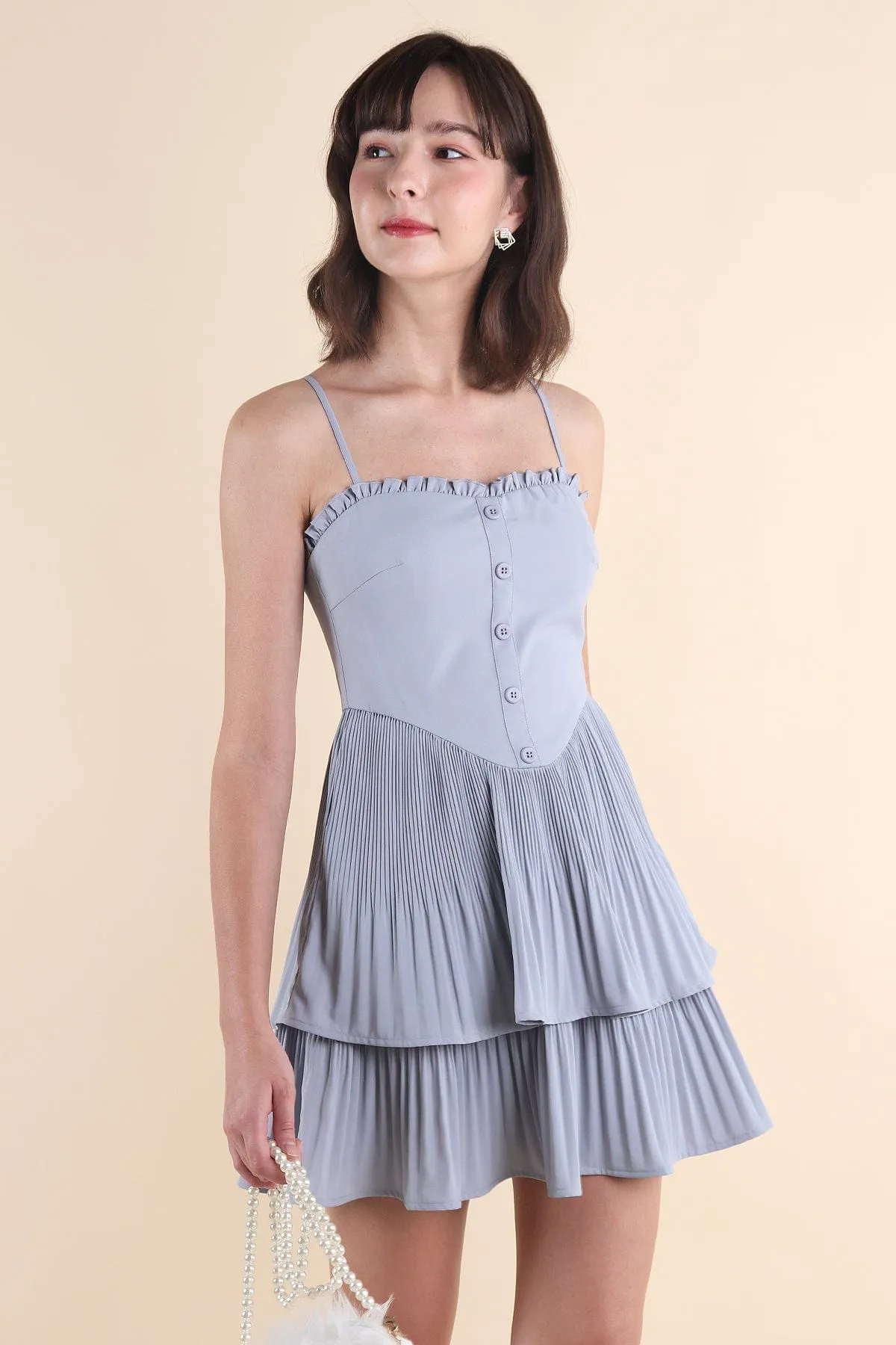 BEVELYN PLEATED MINI DRESS IN BLUE