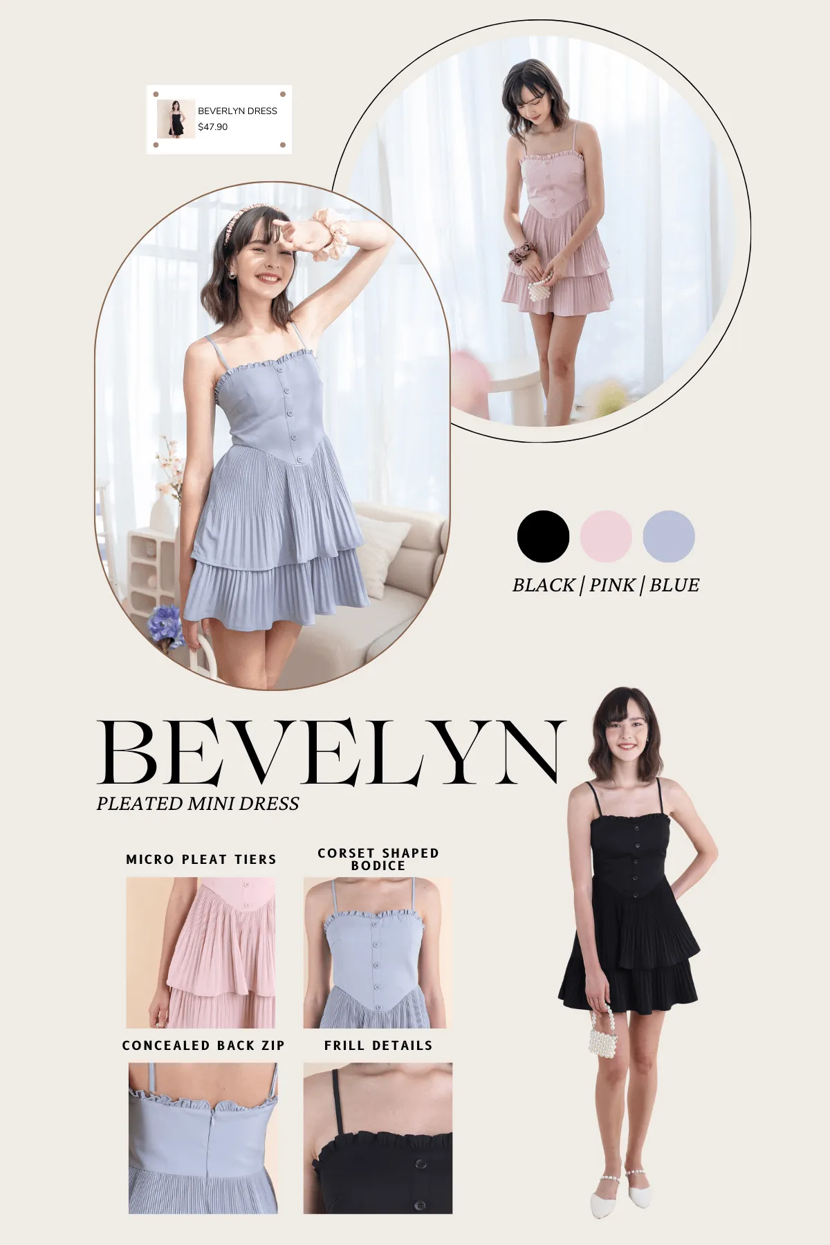 BEVELYN PLEATED MINI DRESS IN BLUE