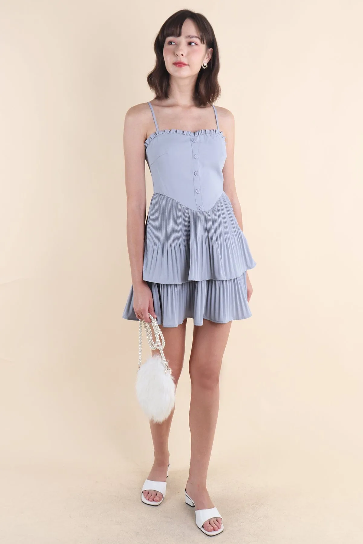 BEVELYN PLEATED MINI DRESS IN BLUE