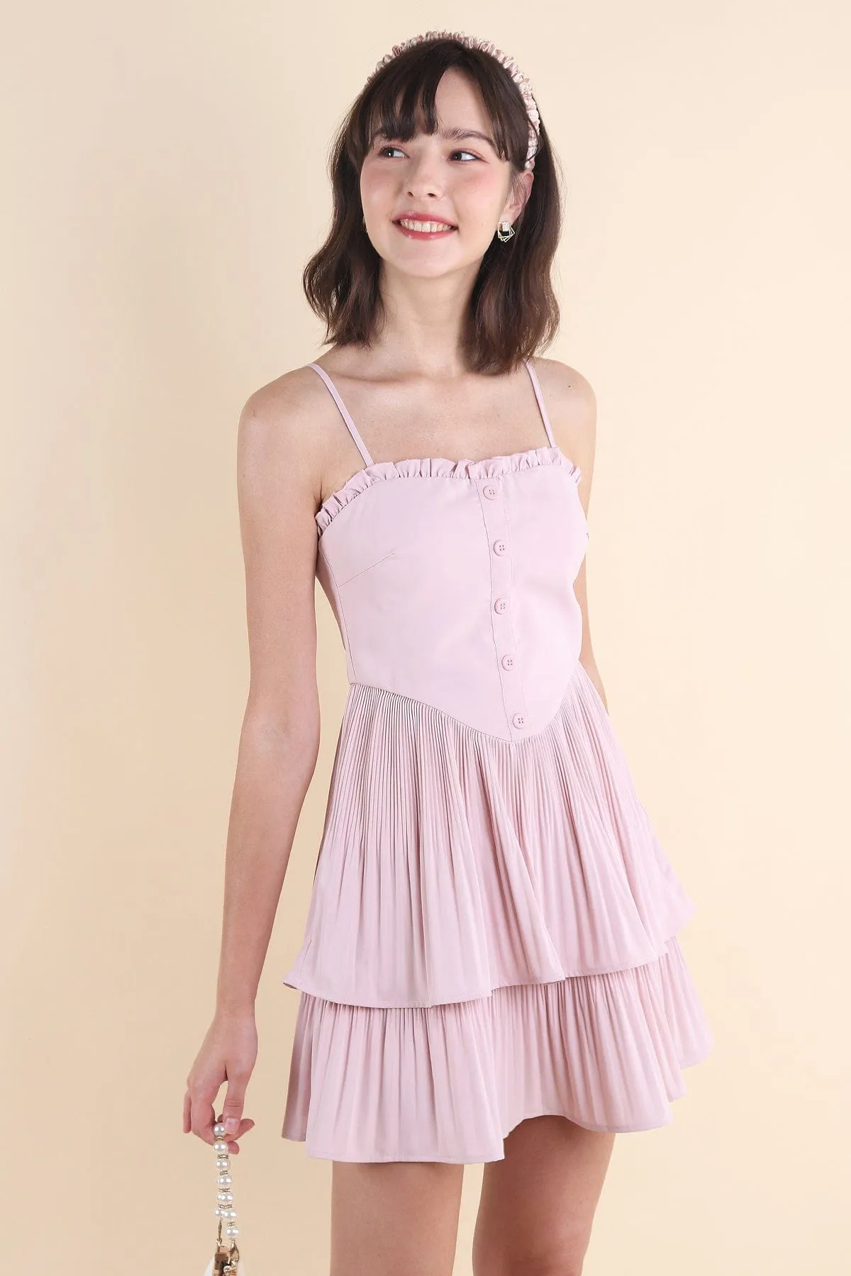 BEVELYN PLEATED MINI DRESS IN PINK