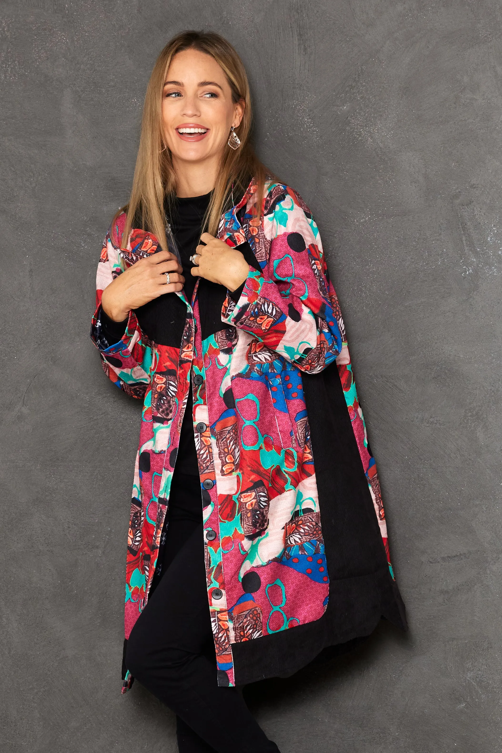 Bicheno Corduroy Coat - Pink Abstract