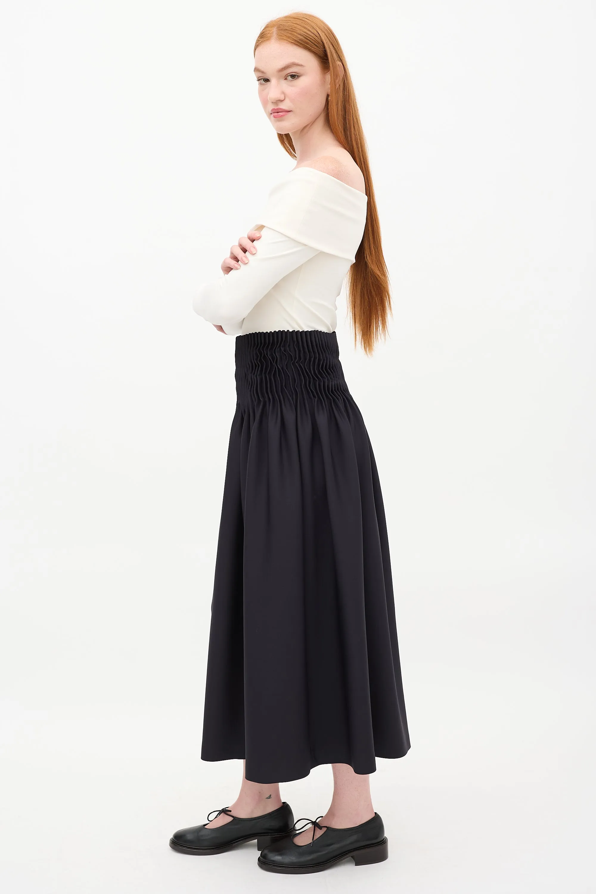 Black Accordion Pleated Midi Skirt