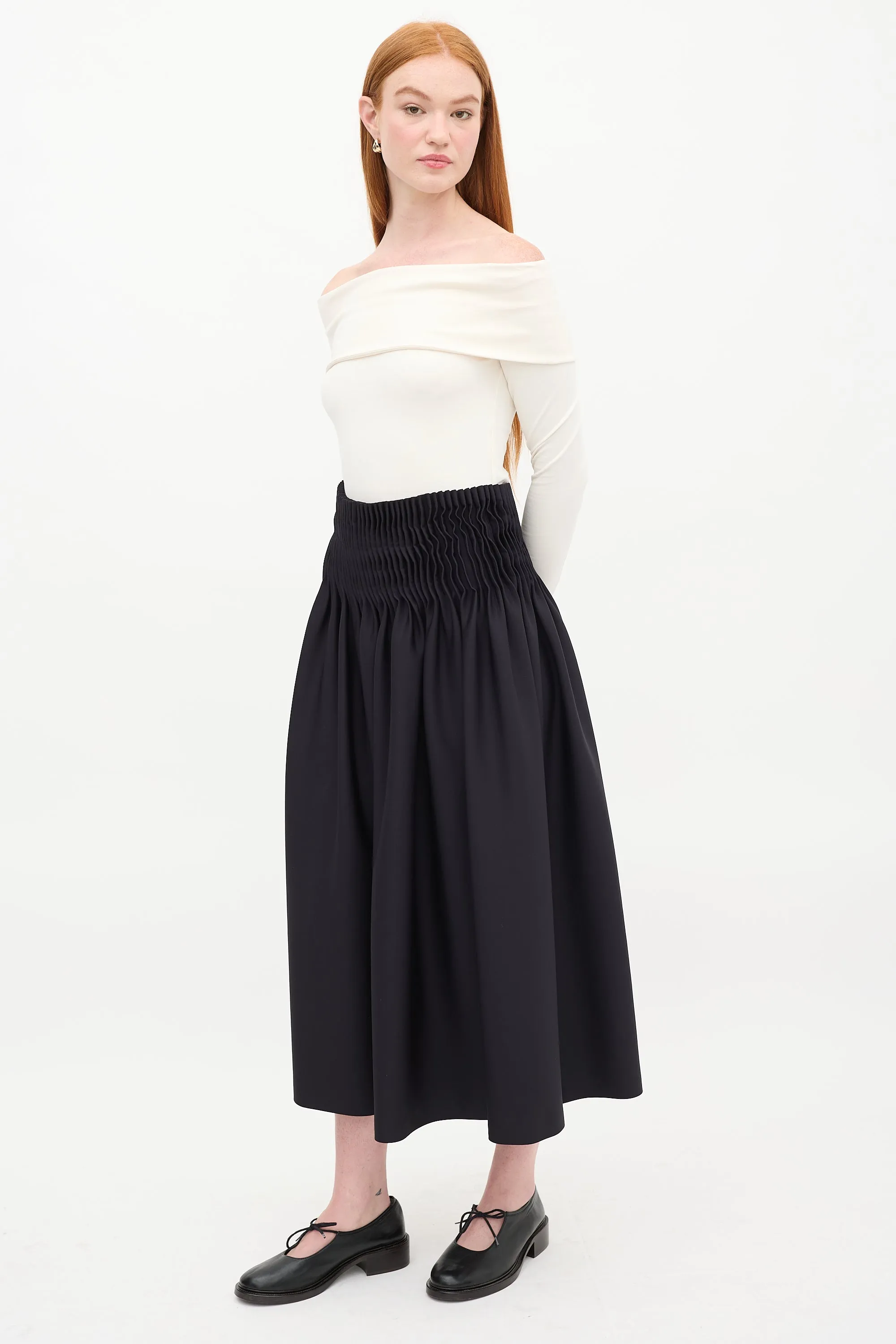 Black Accordion Pleated Midi Skirt