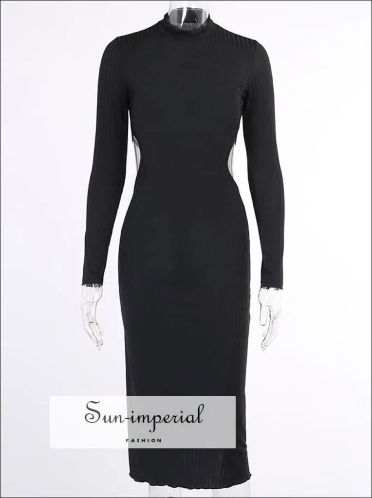 Black Backless Long Sleeve Ribbed Midi Dress with Mock Turtleneck Low back and Tie detail