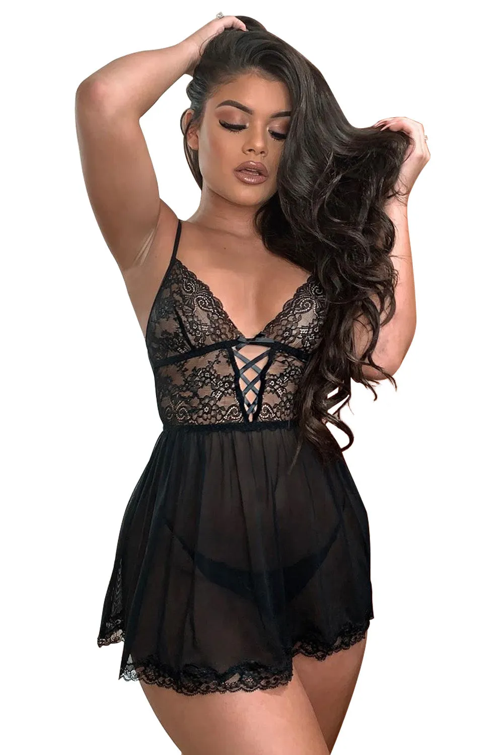 Black Deep Neck See Through Babydoll Set