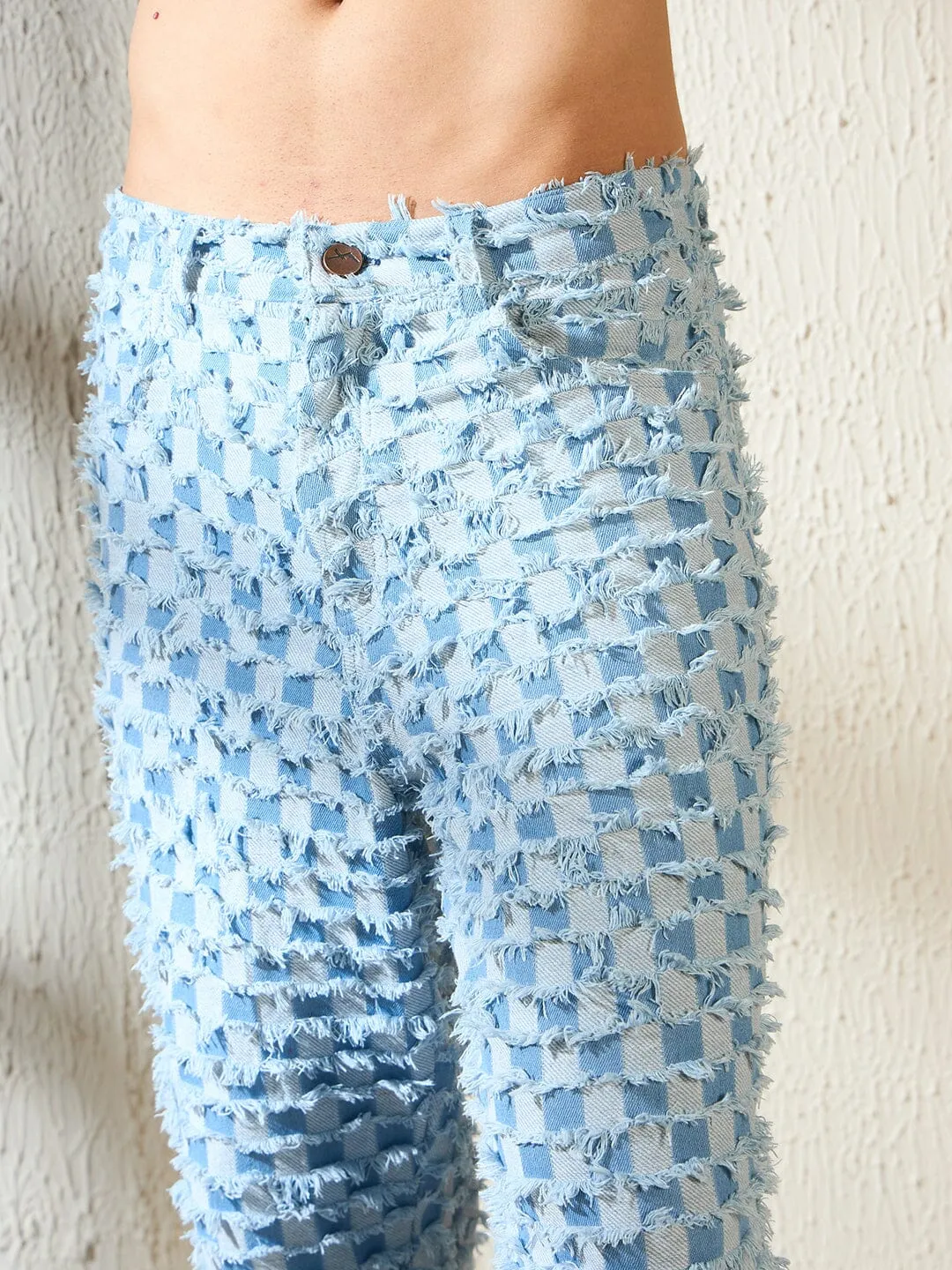 Blue Checkered Distressed Jeans