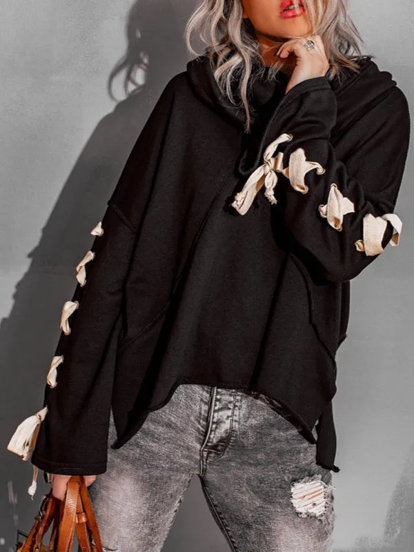 Bohemian Exposed Seam Loose Neck Hooded Lace Up Bell Sleeve Pullover