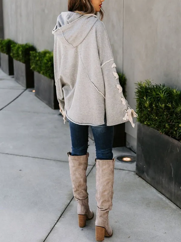 Bohemian Exposed Seam Loose Neck Hooded Lace Up Bell Sleeve Pullover