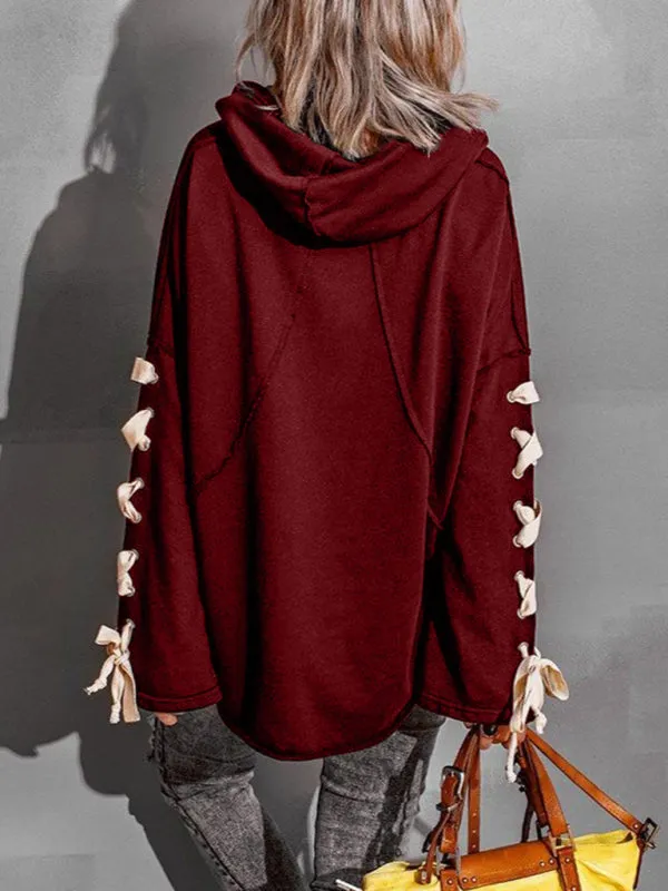 Bohemian Exposed Seam Loose Neck Hooded Lace Up Bell Sleeve Pullover