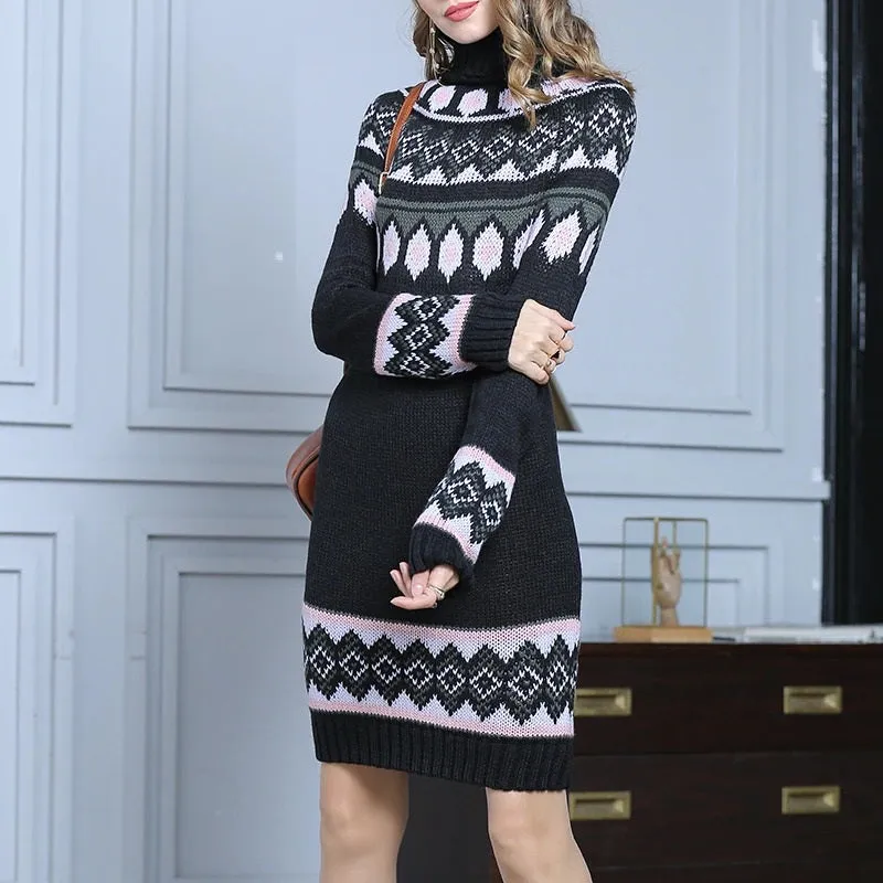 Bohemian National Style Knitted Casual Contrast Color Geometric Pattern High Collar Dress