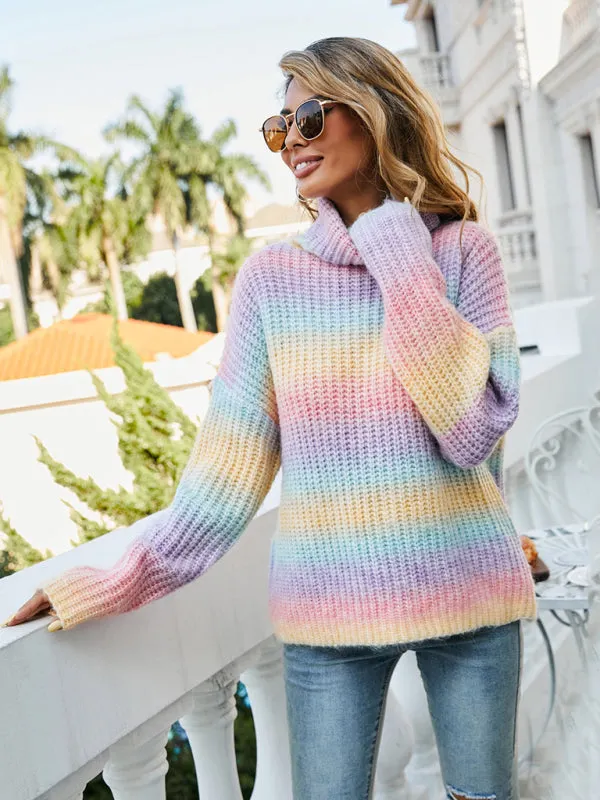 Bohemian Rainbow Turtleneck Long Sleeve Knit Sweater