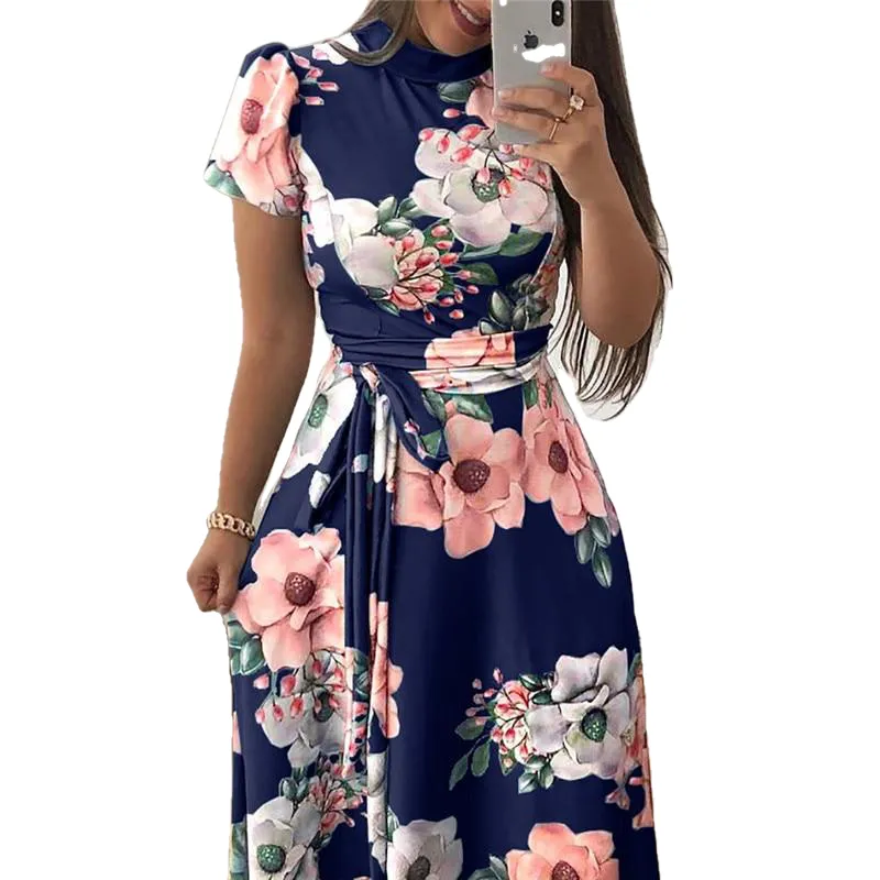 Boho Floral Print Casual Short Sleeve Long Maxi Dress