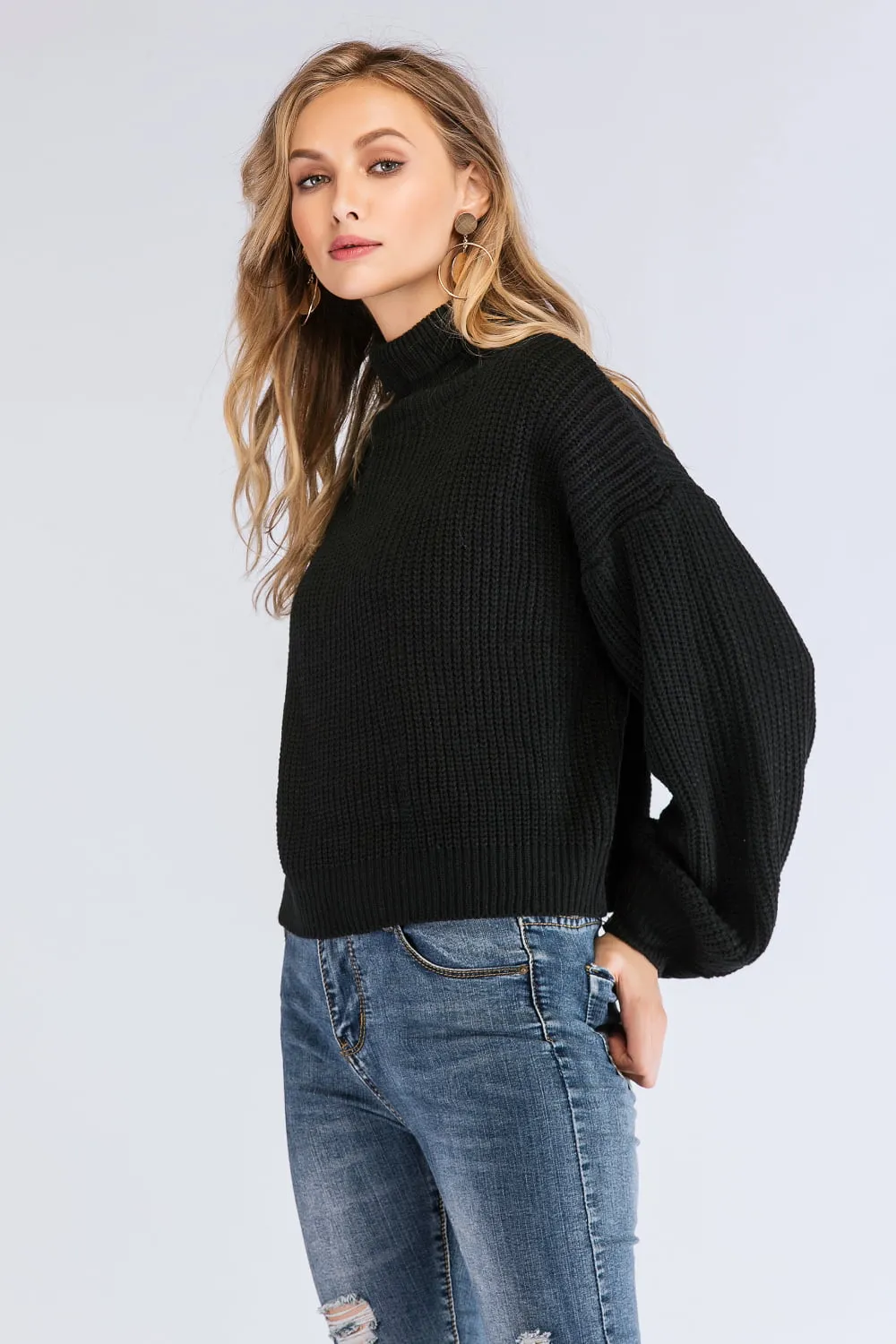 Boho Turtleneck Rib-Knit Lantern Sleeve Sweater