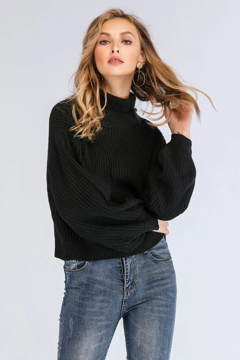 Boho Turtleneck Rib-Knit Lantern Sleeve Sweater