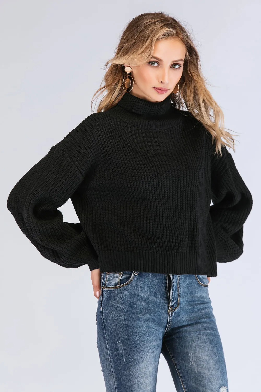 Boho Turtleneck Rib-Knit Lantern Sleeve Sweater