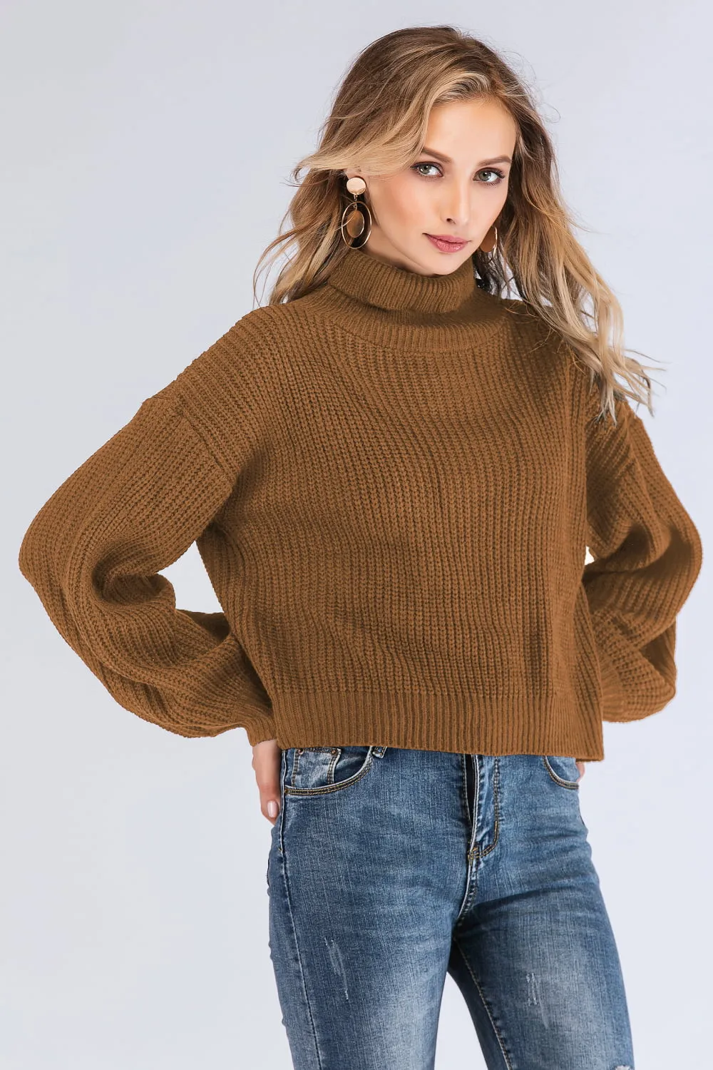 Boho Turtleneck Rib-Knit Lantern Sleeve Sweater