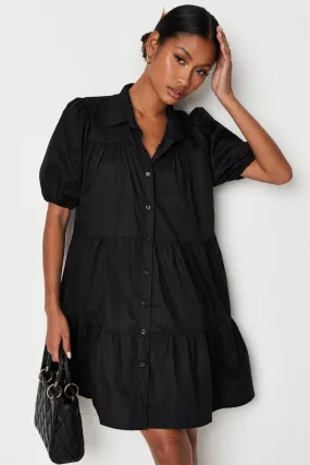 Button Open Front Ruffled Black Dress